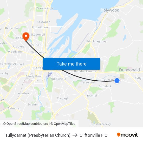 Tullycarnet (Presbyterian Church) to Cliftonville F C map