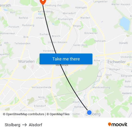 Stolberg to Alsdorf map