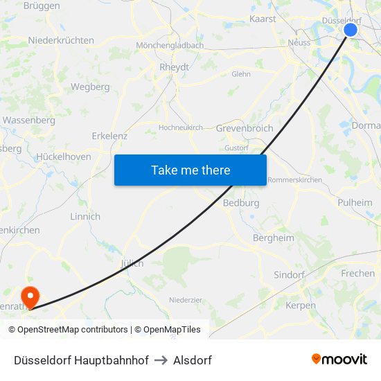 Düsseldorf Hauptbahnhof to Alsdorf map