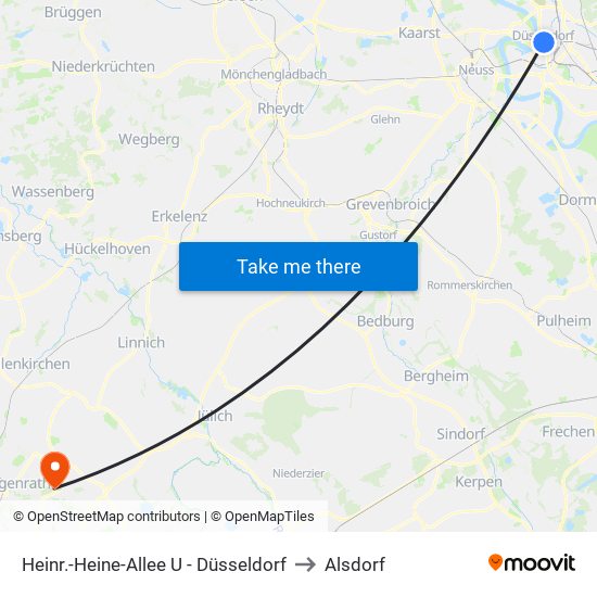 Heinr.-Heine-Allee U - Düsseldorf to Alsdorf map