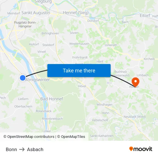 Bonn to Asbach map