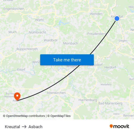 Kreuztal to Asbach map