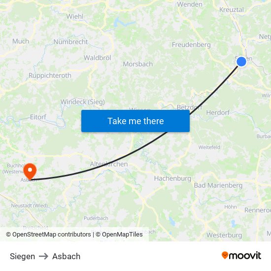 Siegen to Asbach map