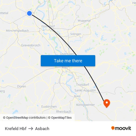 Krefeld Hbf to Asbach map