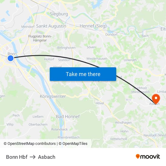 Bonn Hbf to Asbach map