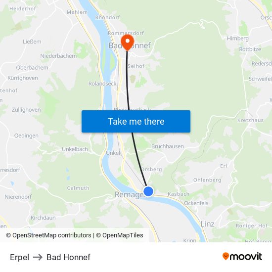 Erpel to Bad Honnef map