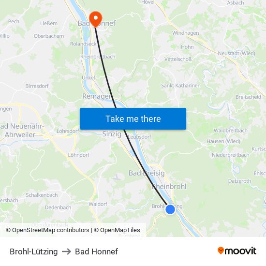 Brohl-Lützing to Bad Honnef map