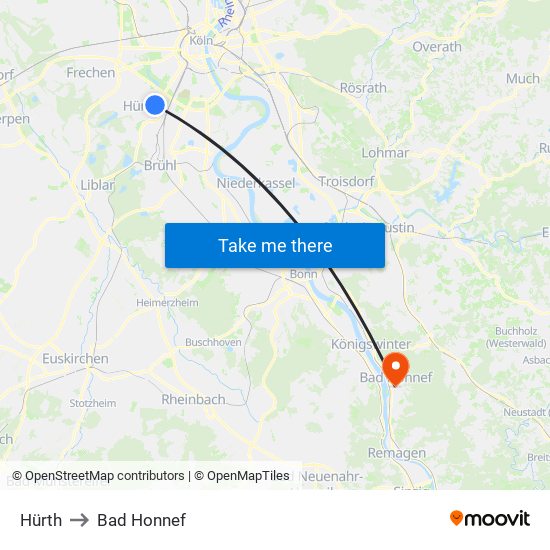 Hürth to Bad Honnef map