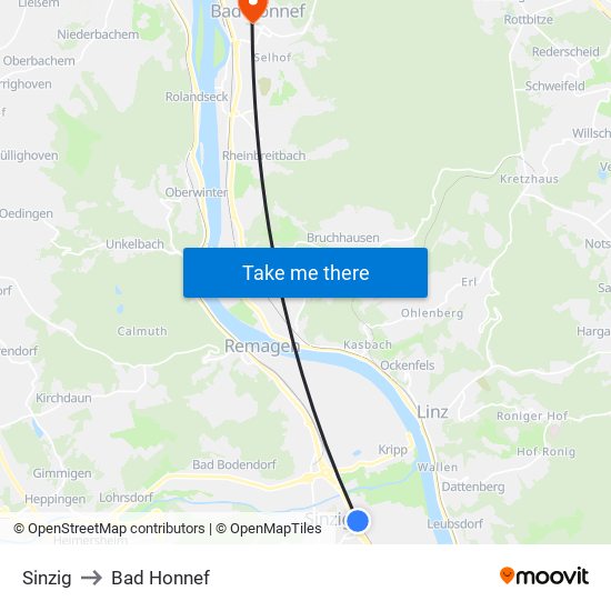 Sinzig to Bad Honnef map