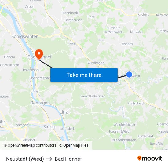 Neustadt (Wied) to Bad Honnef map