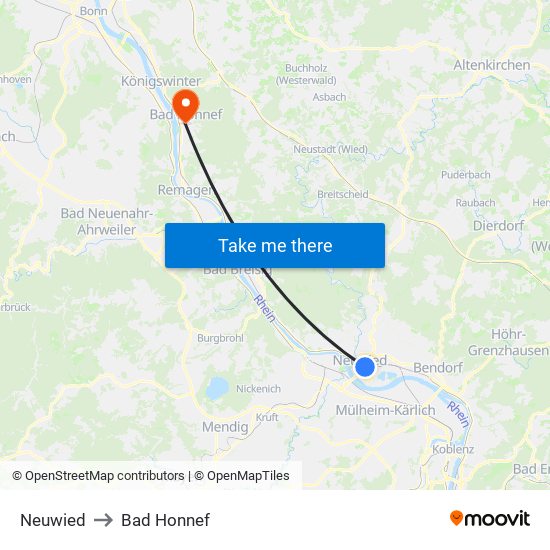 Neuwied to Bad Honnef map
