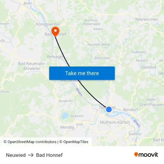 Neuwied to Bad Honnef map