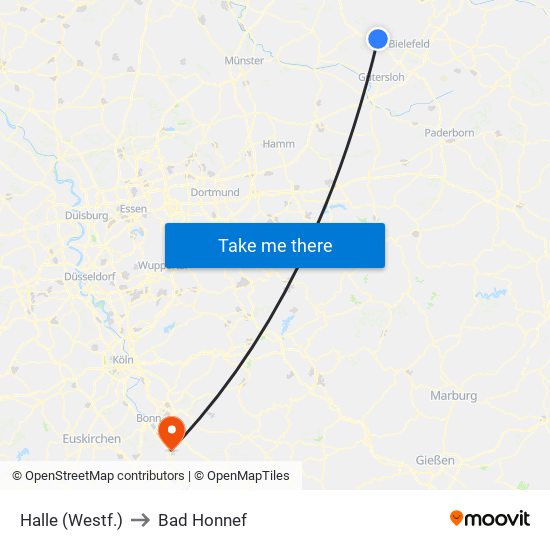 Halle (Westf.) to Bad Honnef map