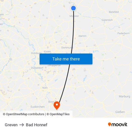 Greven to Bad Honnef map