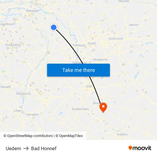 Uedem to Bad Honnef map