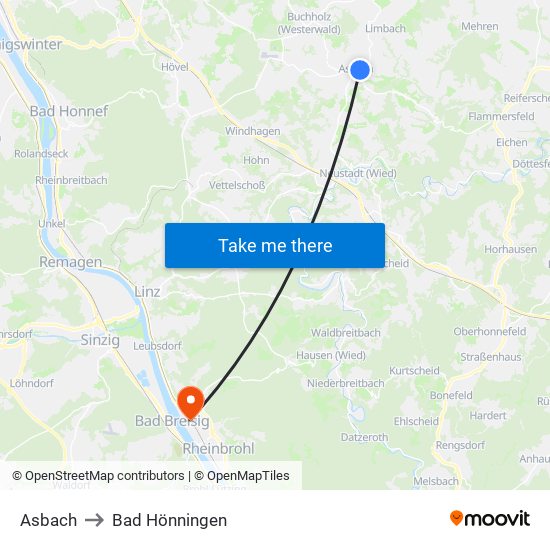 Asbach to Bad Hönningen map