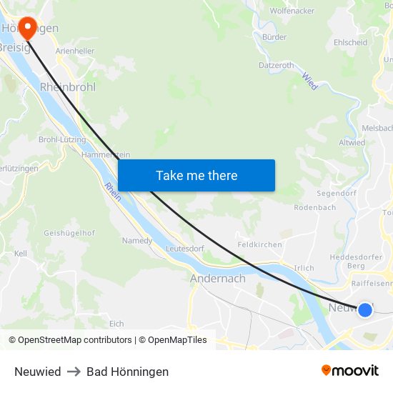 Neuwied to Bad Hönningen map