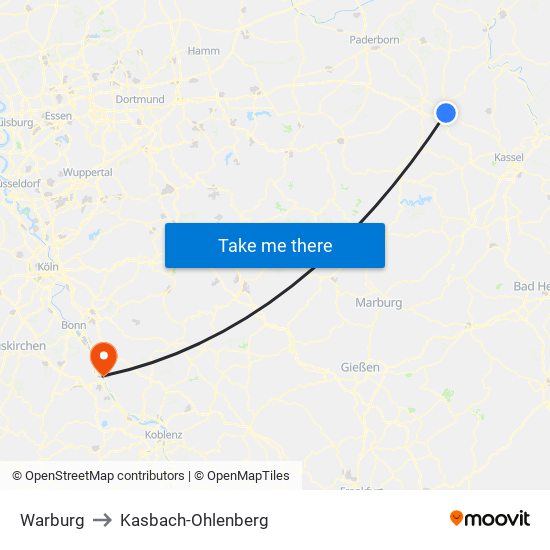 Warburg to Kasbach-Ohlenberg map
