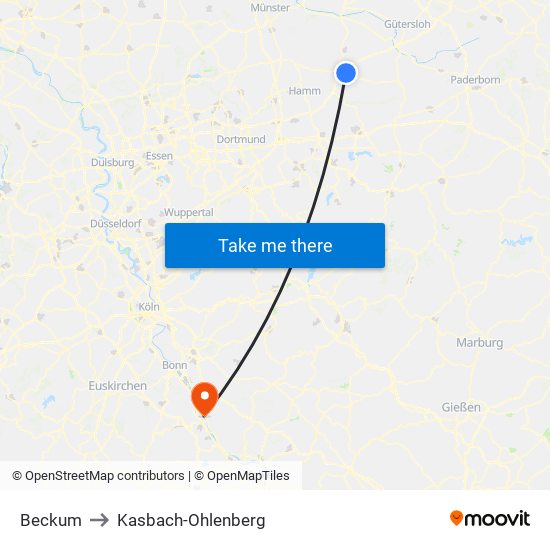 Beckum to Kasbach-Ohlenberg map