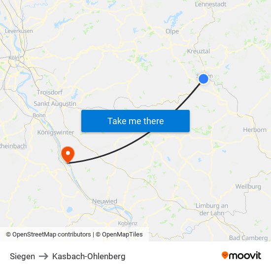 Siegen to Kasbach-Ohlenberg map