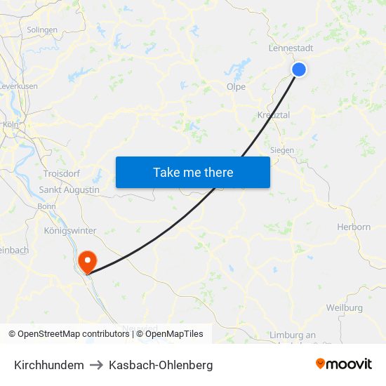 Kirchhundem to Kasbach-Ohlenberg map