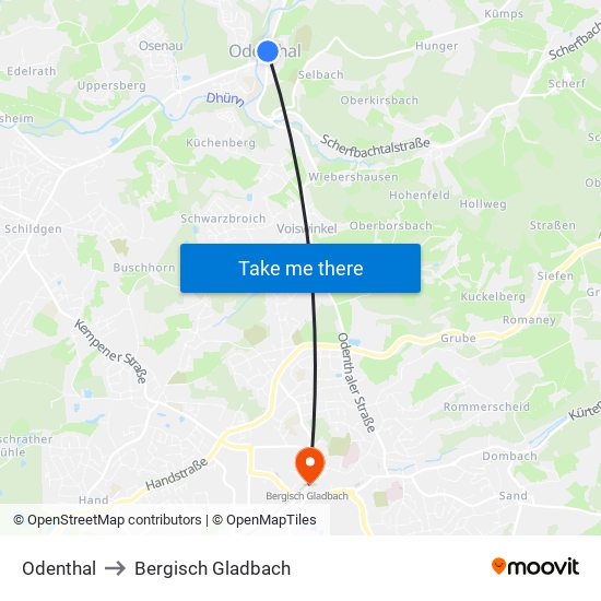 Odenthal to Bergisch Gladbach map