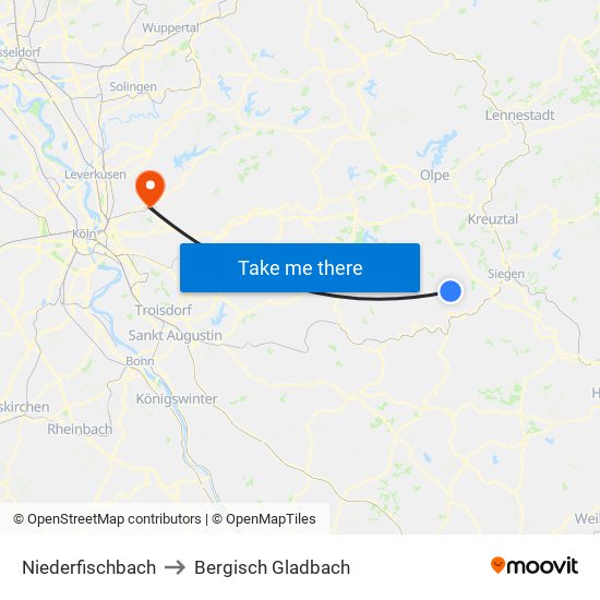 Niederfischbach to Bergisch Gladbach map