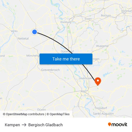 Kempen to Bergisch Gladbach map