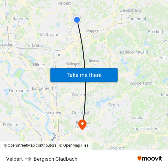Velbert to Bergisch Gladbach map