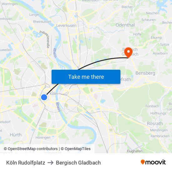 Köln Rudolfplatz to Bergisch Gladbach map