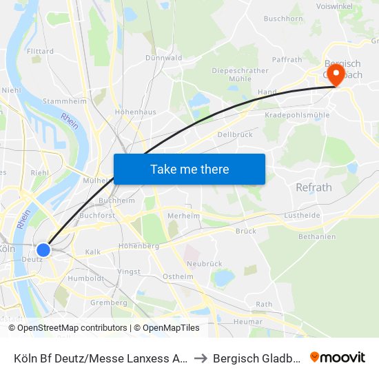 Köln Bf Deutz/Messe Lanxess Arena to Bergisch Gladbach map