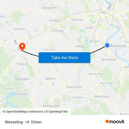 Wesseling to Düren map