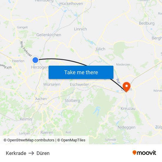 Kerkrade to Düren map