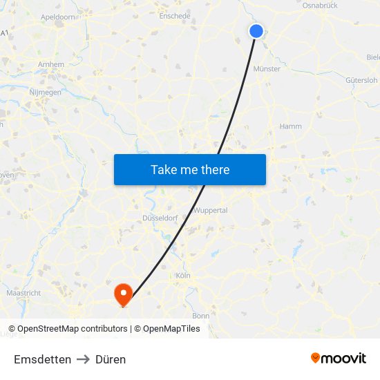 Emsdetten to Düren map