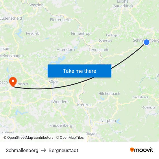 Schmallenberg to Bergneustadt map