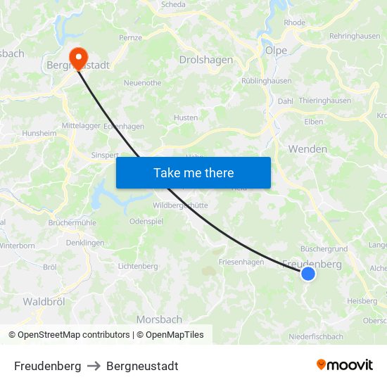 Freudenberg to Bergneustadt map