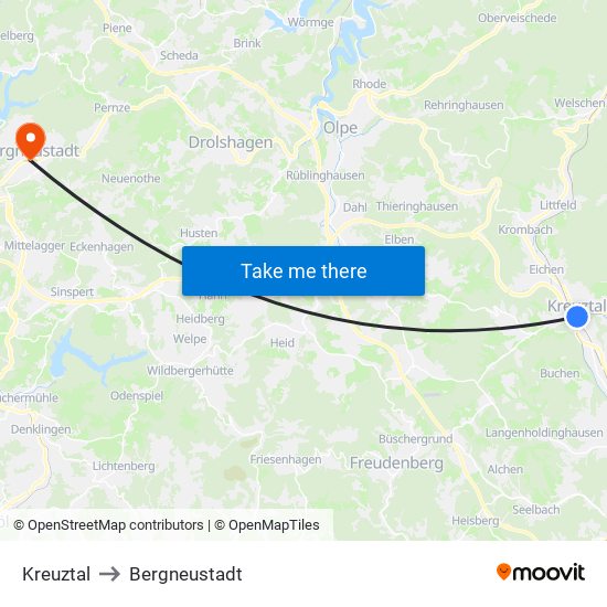 Kreuztal to Bergneustadt map