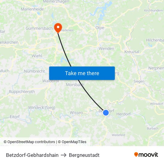 Betzdorf-Gebhardshain to Bergneustadt map