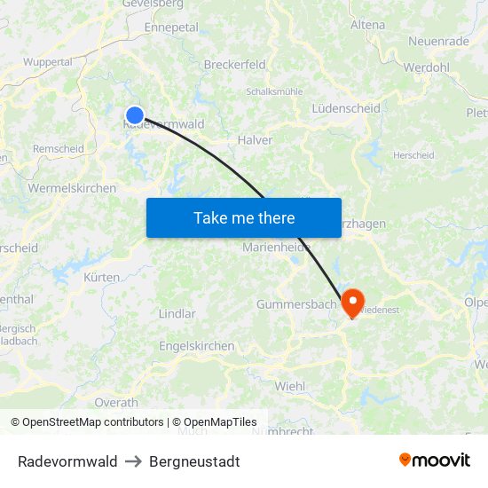 Radevormwald to Bergneustadt map