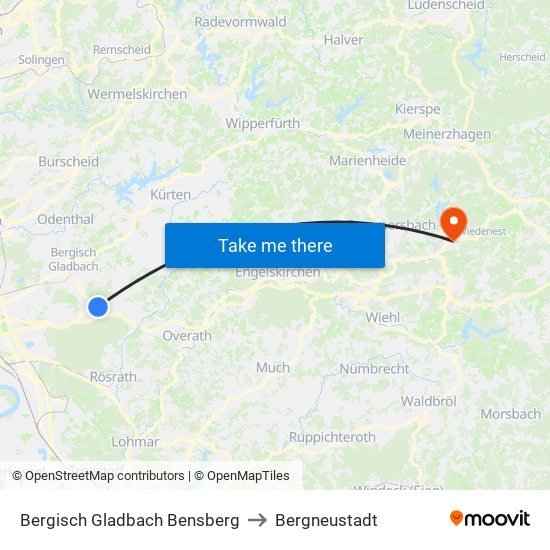 Bergisch Gladbach Bensberg to Bergneustadt map