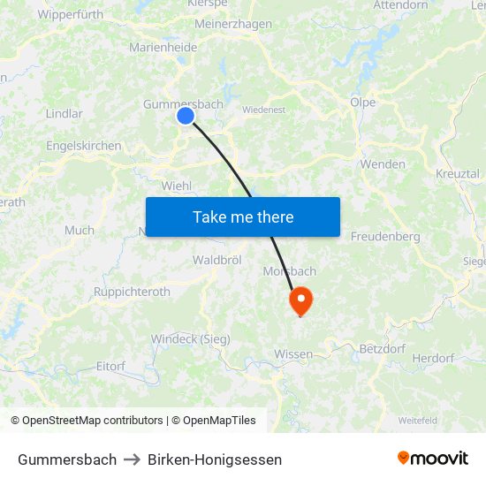 Gummersbach to Birken-Honigsessen map
