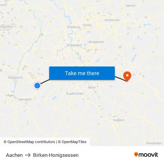 Aachen to Birken-Honigsessen map