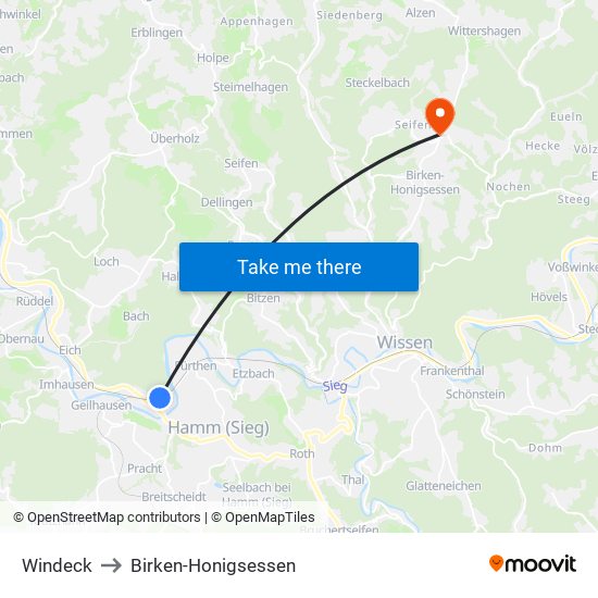 Windeck to Birken-Honigsessen map