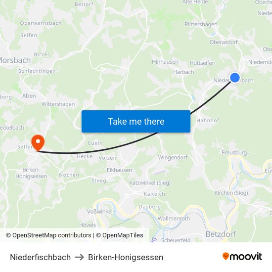 Niederfischbach to Birken-Honigsessen map