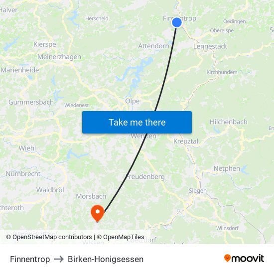 Finnentrop to Birken-Honigsessen map