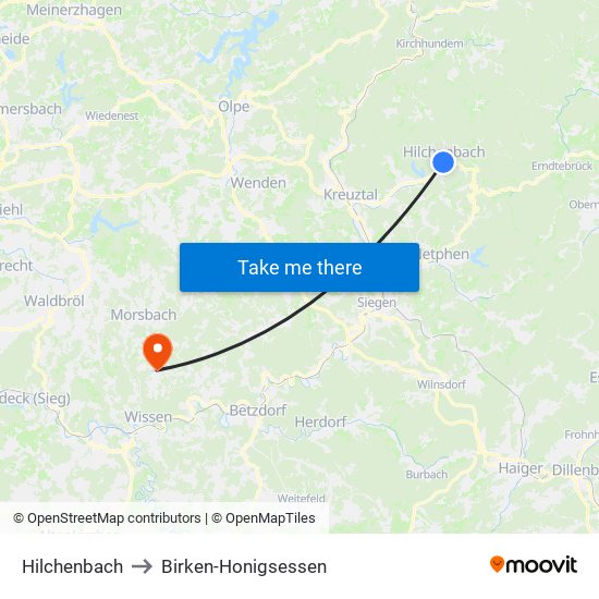 Hilchenbach to Birken-Honigsessen map