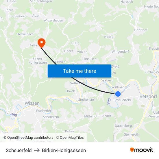 Scheuerfeld to Birken-Honigsessen map