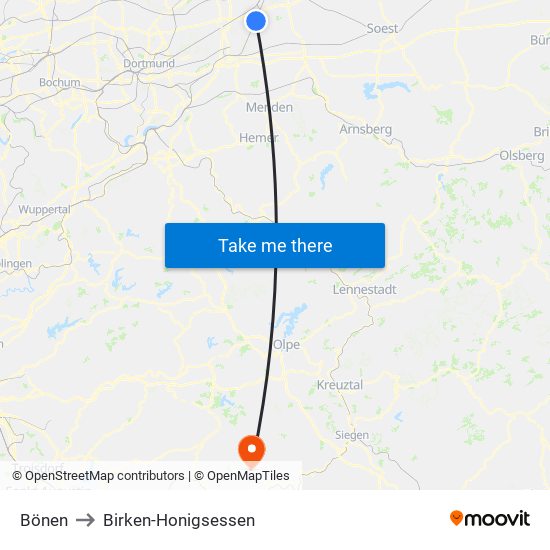 Bönen to Birken-Honigsessen map