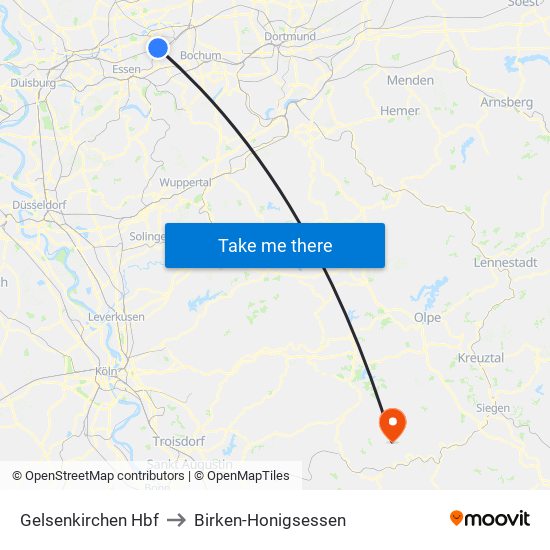 Gelsenkirchen Hbf to Birken-Honigsessen map