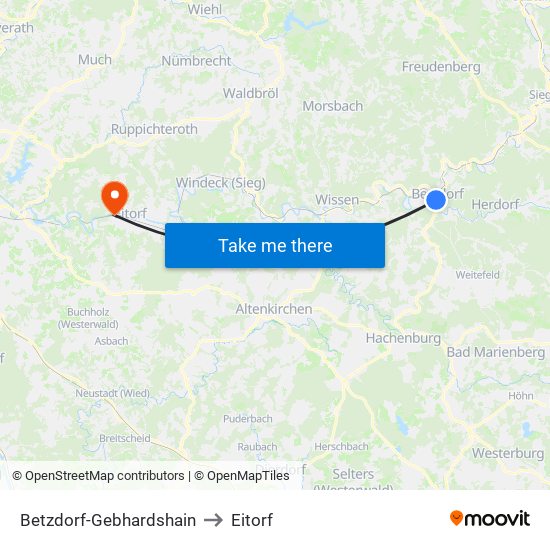 Betzdorf-Gebhardshain to Eitorf map